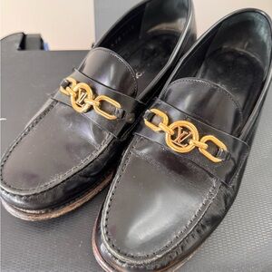 Louis Vuitton Black Leather Loafers with Gold Accent